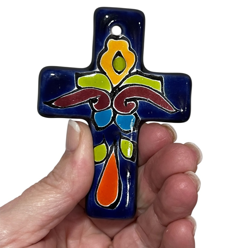Glazed ceramic hand-painted Mexican Talavera wall cross